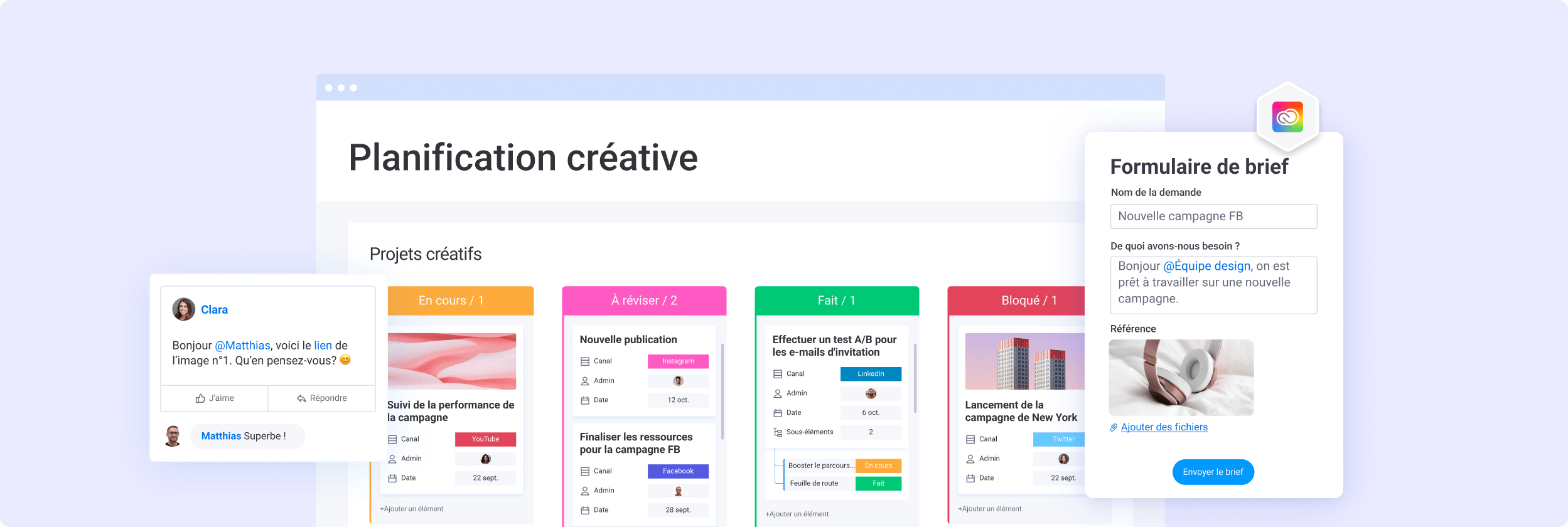 Kanban de projets créatifs, formulaire de demande de briefing créatif et mise à jour utilisateur avec réponse du collaborateur